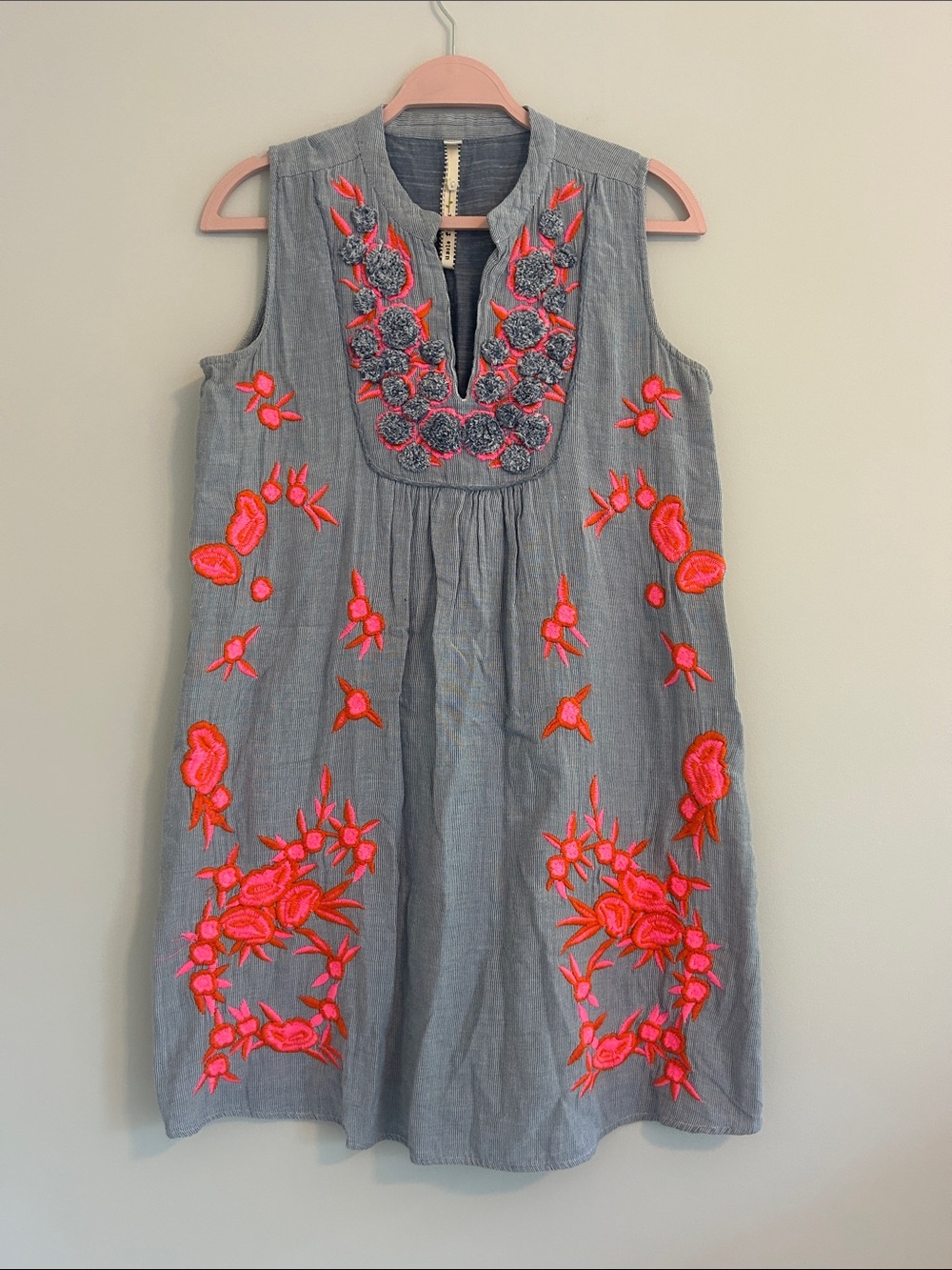 Uncle Frank Gray Sleeveless Dress with Neon Pink-Orange Floral Embroidery